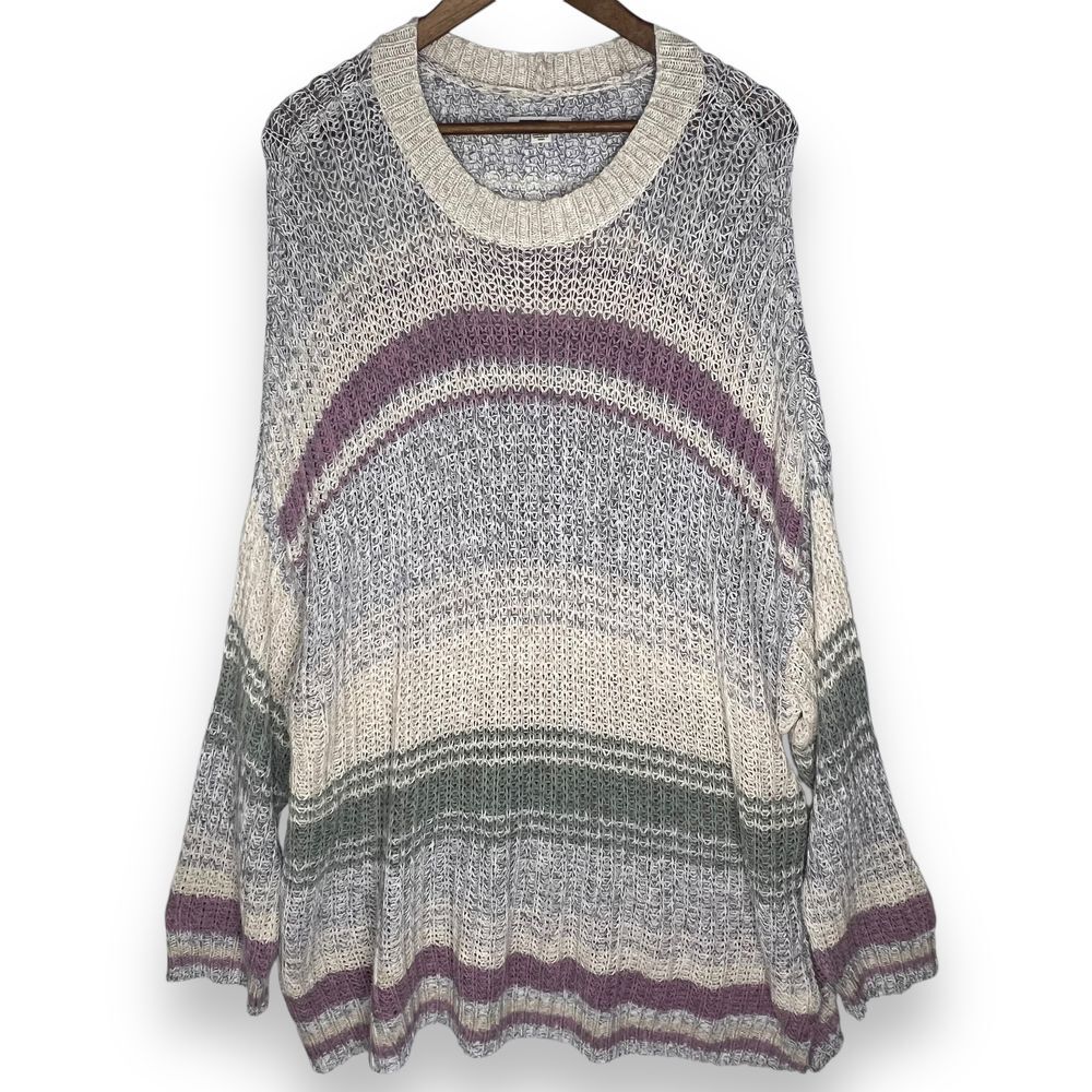 American Eagle Striped Knit Sweater Oversized Chunky Pink Grey Green Pullover XL